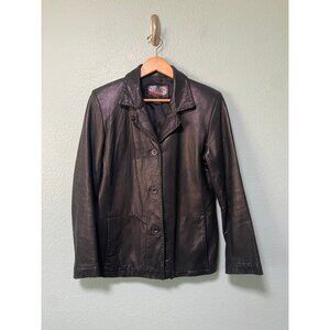 Vintage Brandon Thomas Women's 100% Leather‎ Black Button Up Jacket Y2K Medium